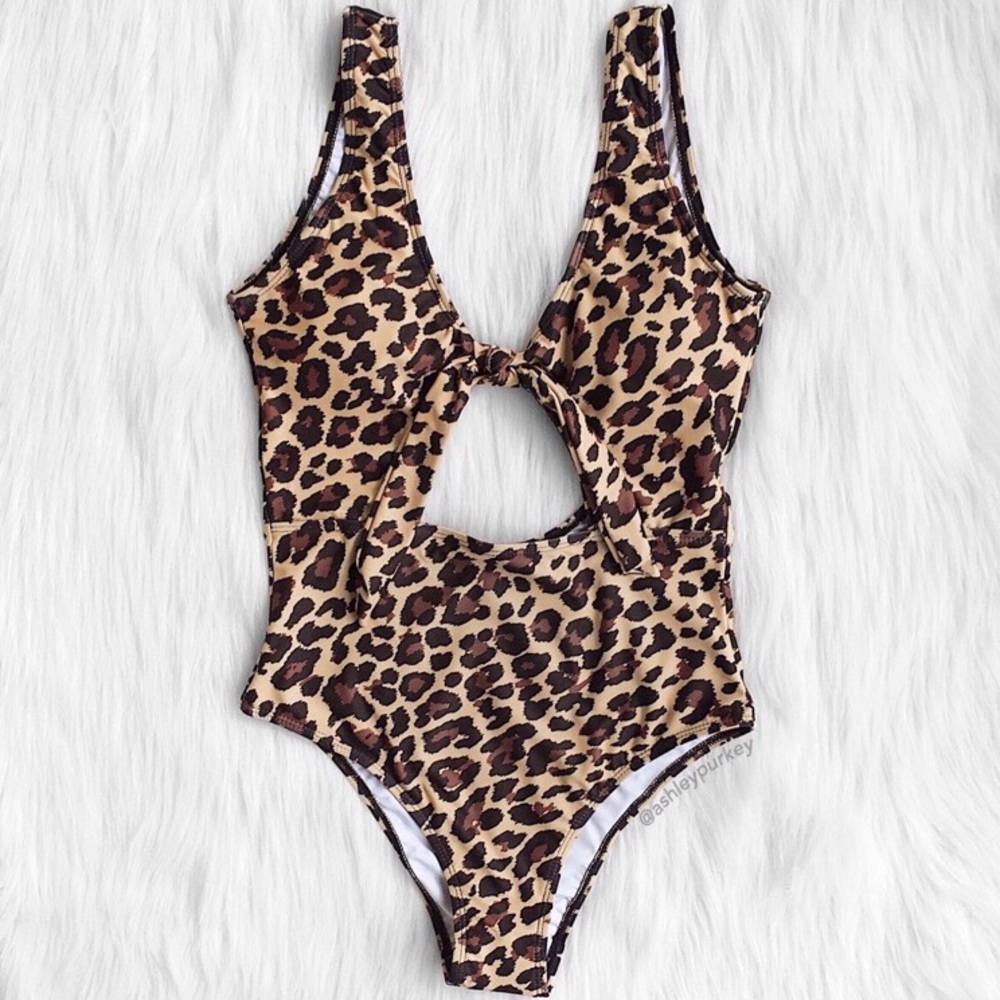 ❤️SALE❤️ Brown leopard knot front cutout one piece - Picture 1 of 4